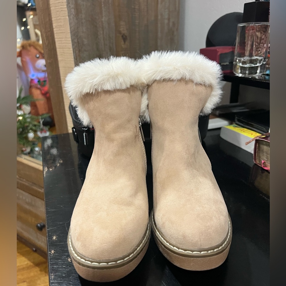 Faux Fur-Lined Suede Winter Ankle Boots in Beige